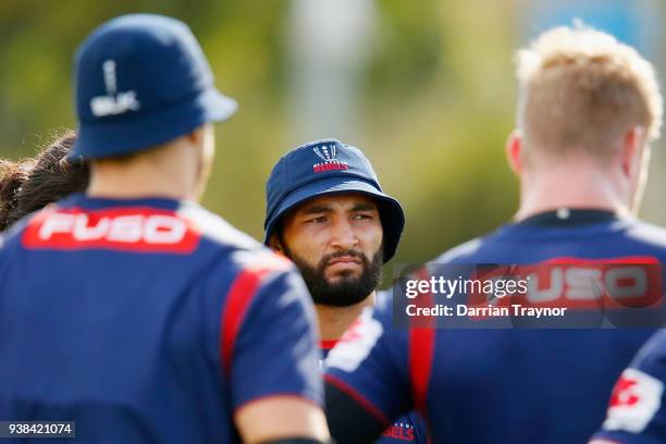 Colby Fainga'a ooks on during a Melbourne Rebels Super Rugby training session at Goschs Paddock on March 27, 2018 in Melbourne, Australia.