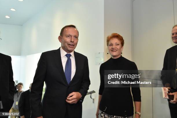 Tony Abbott arrives with Pauline Hanson to launch of 'Pauline, In Her Own Words' on March 27, 2018 in Canberra, Australia. Her first book in 11...