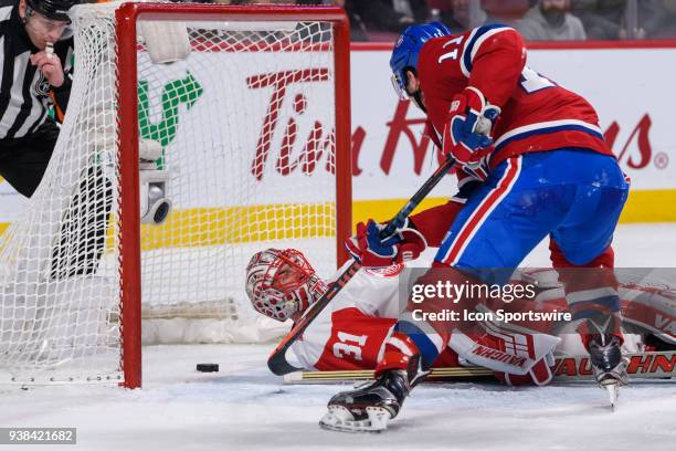 Montreal Canadiens right wing Brendan Gallagher watches the puck cross the goal line on Montreal Canadiens defenseman Mike Reilly third goal of the...
