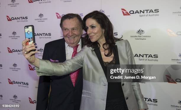 Barry Humphries and Julia Bradbury as they arrive at Australia House for a celebration party for Qantas on March 26, 2018 in London, United Kingdom....