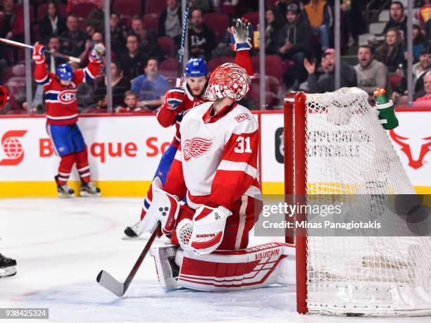 Goaltender Jared Coreau of the Detroit Red Wings reacts after allowing a goal in the second period against the Montreal Canadiens during the NHL game...