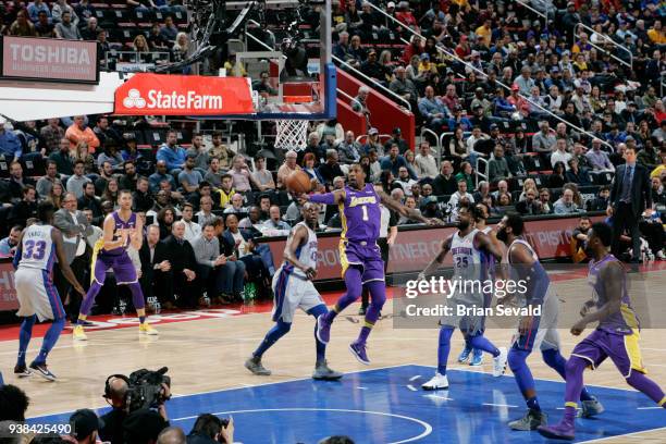 Kentavious Caldwell-Pope of the Los Angeles Lakers shoots the ball during the game against the Detroit Pistons on March 26, 2018 at Little Caesars...