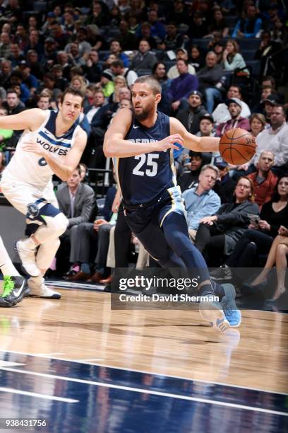 Chandler Parsons of the Memphis Grizzlies handles the ball during the game against the Minnesota Timberwolves on March 26, 2018 at Target Center in...