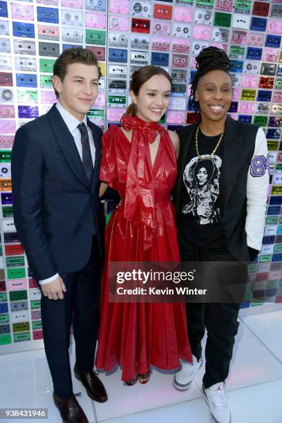 Tye Sheridan, Olivia Cooke and Lena Waithe attend the Premiere of Warner Bros. Pictures' "Ready Player One" at Dolby Theatre on March 26, 2018 in...