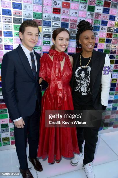 Tye Sheridan, Olivia Cooke and Lena Waithe attend the Premiere of Warner Bros. Pictures' "Ready Player One" at Dolby Theatre on March 26, 2018 in...