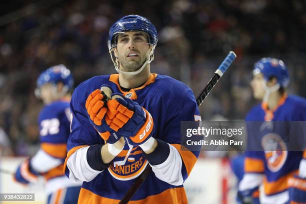 Jordan Eberle of the New York Islanders reacts in the third period against the Florida Panthers during their game at Barclays Center on March 26,...