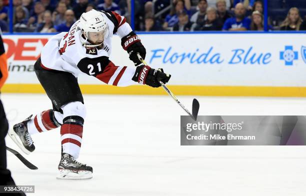 Derek Stepan of the Arizona Coyotes scores a goal during a game against the Tampa Bay Lightning at Amalie Arena on March 26, 2018 in Tampa, Florida.
