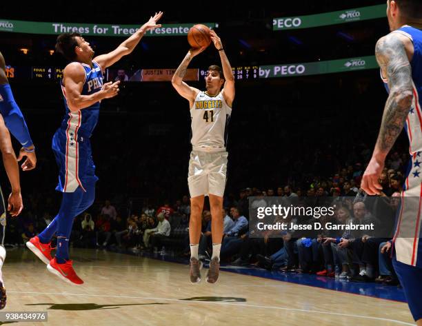 Juan Hernangomez of the Denver Nuggets shoots the ball against the Philadelphia 76ers at Wells Fargo Center on March 26, 2018 in Philadelphia,...