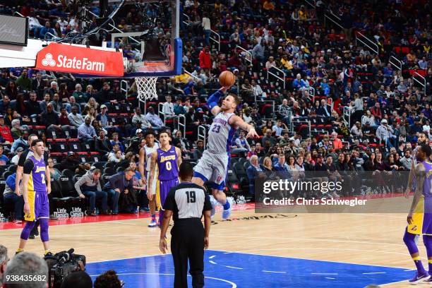 Blake Griffin of the Detroit Pistons dunks the ball against the Los Angeles Lakers on March 26, 2018 at Little Caesars Arena in Detroit, Michigan....