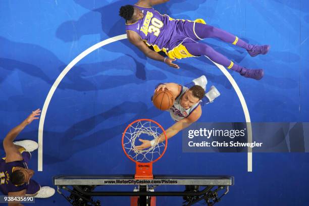 Blake Griffin of the Detroit Pistons goes to the basket against the Los Angeles Lakers on March 26, 2018 at Little Caesars Arena in Detroit,...