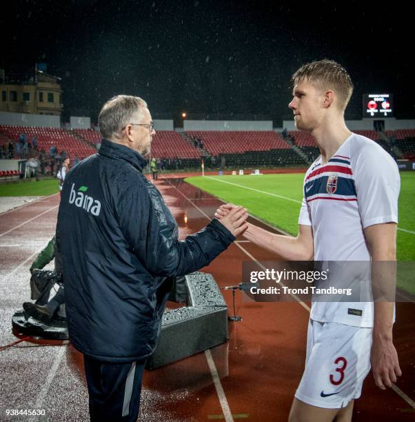 Lars Lagerback, Kristoffer Ajer of Norway during International friendly match between Albania and Norway on March 26, 2018 at Elbasan Arena in...