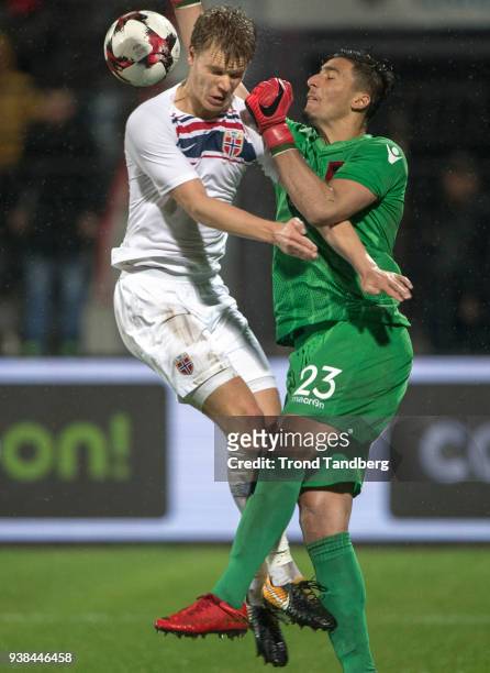 Sigurd Rosted of Norway, Thomas Strakosha of Albania during International friendly match between Albania and Norway on March 26, 2018 at Elbasan...