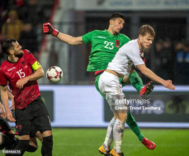 Thomas Strakosha of Albania, Sigurd Rosted of Norway during International friendly match between Albania and Norway on March 26, 2018 at Elbasan...