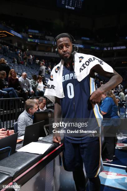 JaMychal Green of the Memphis Grizzlies talks with the media after the game against the Minnesota Timberwolves on March 26, 2018 at Target Center in...