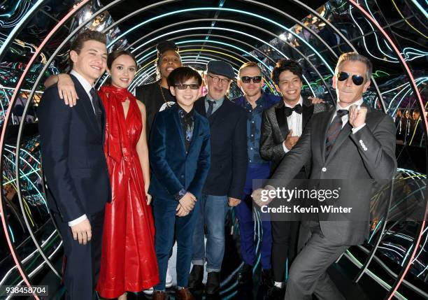 Tye Sheridan, Olivia Cooke, Lena Waithe, Philip Zhao, Steven Spielberg, Simon Pegg, Win Morisaki and Ben Mendelsohn attend the Premiere of Warner...