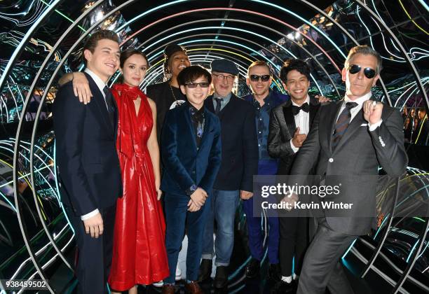 Tye Sheridan, Olivia Cooke, Lena Waithe, Philip Zhao, Steven Spielberg, Simon Pegg, Win Morisaki and Ben Mendelsohn attend the Premiere of Warner...