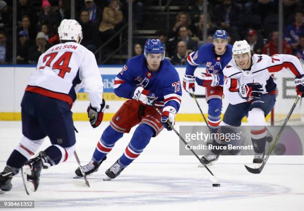 Filip Chytil of the New York Rangers skates against the Washington Capitals at Madison Square Garden on March 26, 2018 in New York City. The Capitals...
