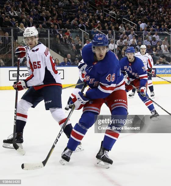 Rob O'Gara of the New York Rangers skates against the Washington Capitals at Madison Square Garden on March 26, 2018 in New York City. The Capitals...