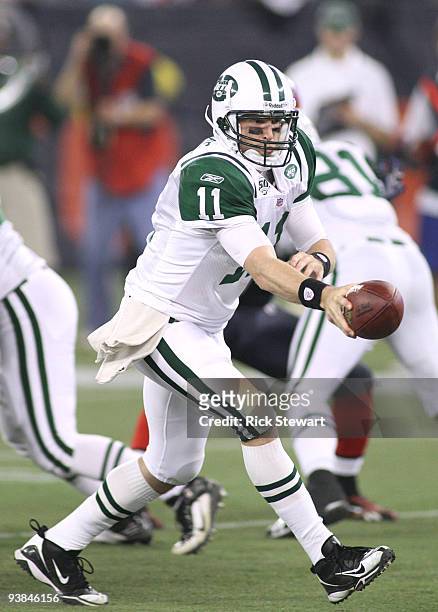 Quarterback Kellen Clemens of the New York Jets turns to hand the ball off against the Buffalo Bills at Rogers Centre on December 3, 2009 in Toronto,...