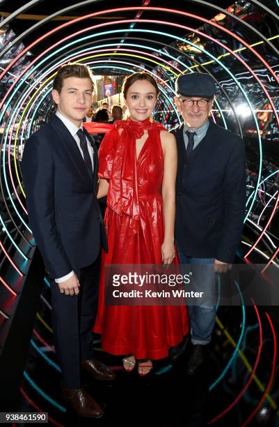 Tye Sheridan, Olivia Cooke and Steven Spielberg attend the Premiere of Warner Bros. Pictures' "Ready Player One" at Dolby Theatre on March 26, 2018...