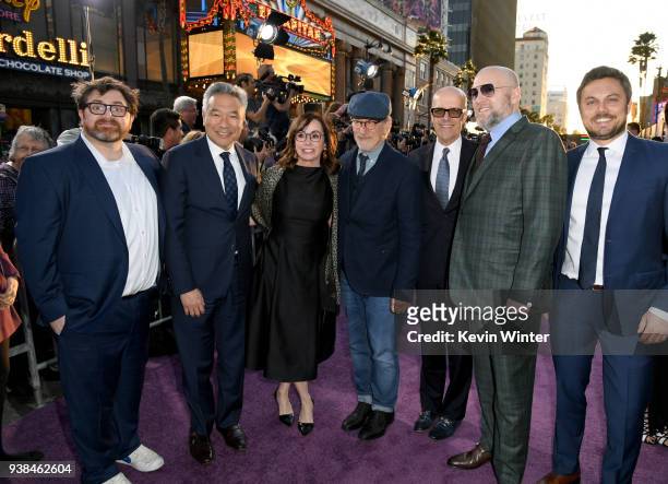 Ernest Cline, Kevin Tsujihara, Kristie Macosko Krieger, Steven Spielberg, Donald De Line, Zak Penn and Dan Farah attend the Premiere of Warner Bros....