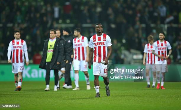 Jhon Cordoba of Koeln looks dejected during the Bundesliga match between SV Werder Bremen and 1. FC Koeln at Weserstadion on March 12, 2018 in...