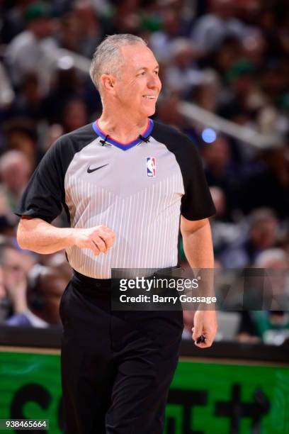 Referree Jason Phillips looks on during the game between the Boston Celtics and the Phoenix Suns on March 26, 2018 at Talking Stick Resort Arena in...