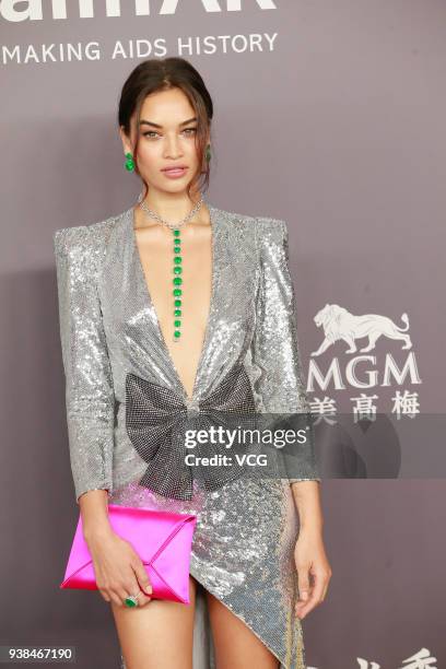 Model Shanina Shaik attends the amfAR Hong Kong Gala 2018 at Shaw Studios on March 26, 2018 in Hong Kong, Hong Kong.