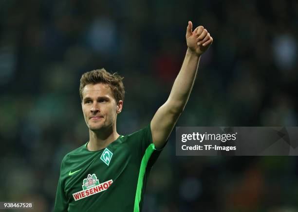 Sebastian Langkamp of Werder Bremen gestures during the Bundesliga match between SV Werder Bremen and 1. FC Koeln at Weserstadion on March 12, 2018...