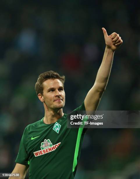 Sebastian Langkamp of Werder Bremen gestures during the Bundesliga match between SV Werder Bremen and 1. FC Koeln at Weserstadion on March 12, 2018...