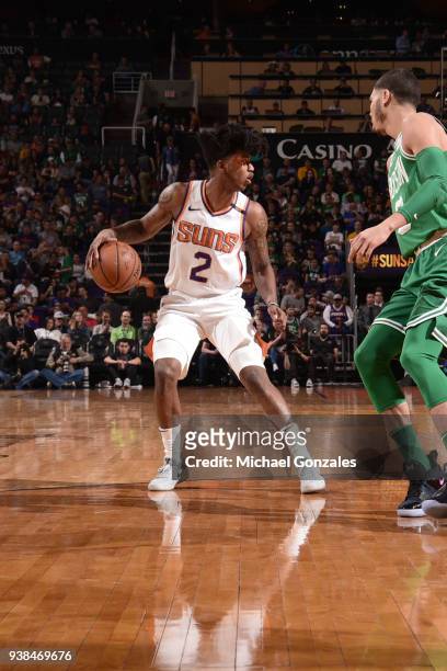 Elfrid Payton of the Phoenix Suns handles the ball against the Boston Celtics on March 26, 2018 at Talking Stick Resort Arena in Phoenix, Arizona....