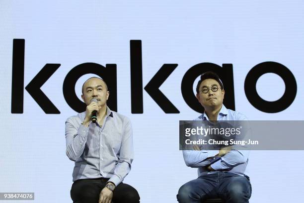 New co-CEOs of Kakao Corp Joh Su-yong and Yeo Min-soo attend a news conference in Seoul, South Korea, March 27 on March 27, 2018 in Seoul, South...