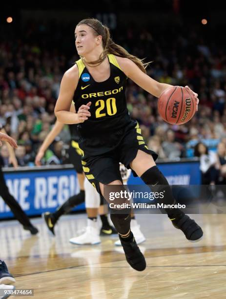 Sabrina Ionescu of the Oregon Ducks drives against the Notre Dame Fighting Irish during the 2018 NCAA Division 1 Women's Basketball Tournament at...