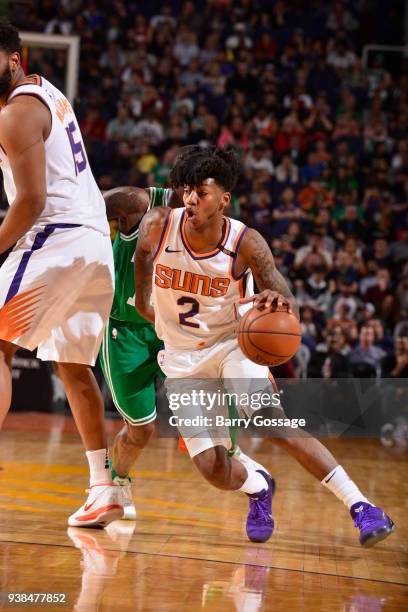 Elfrid Payton of the Phoenix Suns handles the ball against the Boston Celtics on March 26, 2018 at Talking Stick Resort Arena in Phoenix, Arizona....