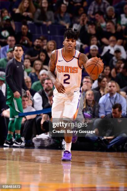 Elfrid Payton of the Phoenix Suns handles the ball against the Boston Celtics on March 26, 2018 at Talking Stick Resort Arena in Phoenix, Arizona....