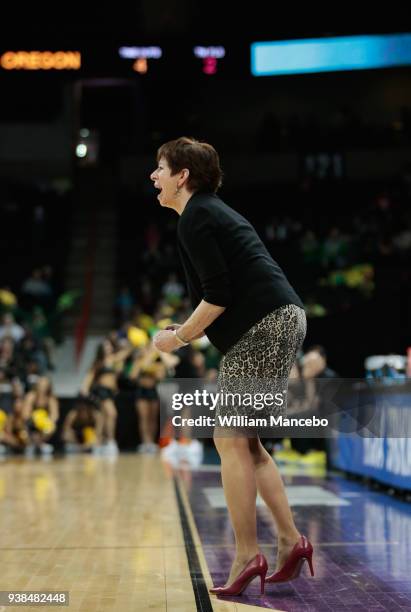 Head coach Muffet McGraw of the Notre Dame Fighting Irish works from the sideline against the Oregon Ducks during the 2018 NCAA Division 1 Women's...