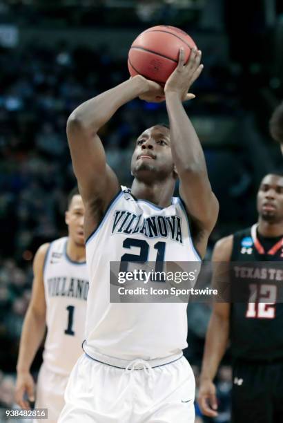 Villanova forward Dhamir Cosby-Roundtree shoots a free throw during an Elite Eight matchup between the Villanova Wildcats and the Texas Tech Red...