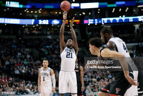 Villanova forward Dhamir Cosby-Roundtree launches a free throw during an Elite Eight matchup between the Villanova Wildcats and the Texas Tech Red...