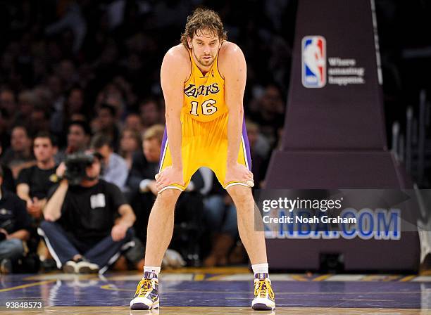 Paul Gasol of the Los Angeles Lakers catches his breath on the back court as he waits for play to resume during the game against the Chicago Bulls at...