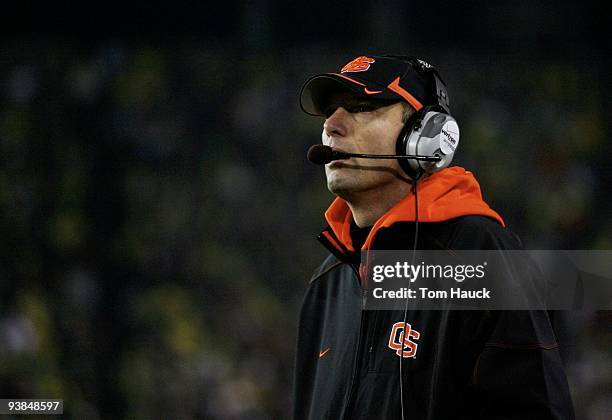 Head coach Mike Riley of the Oregon State Beavers watches play against the Oregon Ducks at Autzen Stadium on December 3, 2009 in Eugene, Oregon.