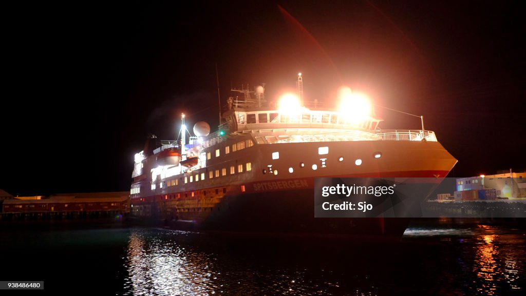 Hurtigruten cruise ship Spitsbergen in the port of Svolvaer on the Lofoten islands in Northern Norway