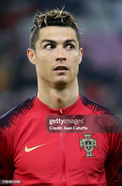 Cristiano Ronaldo of Portugal poses before the international friendly match between Portugal and the Netherlands at Stade de Geneve on March 26, 2018...