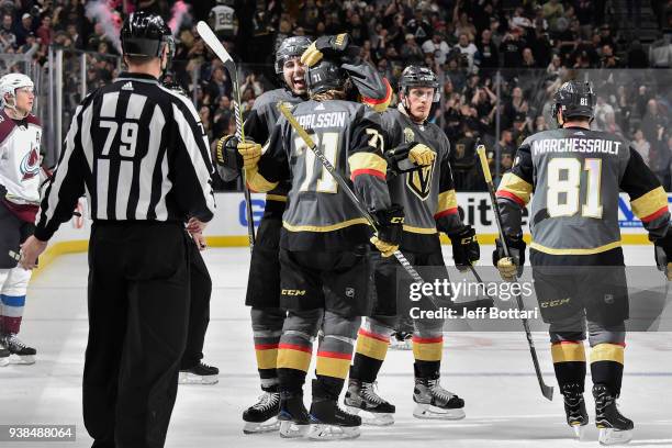 William Karlsson celebrates his goal with teammates Alex Tuch, Nate Schmidt and Jonathan Marchessault of the Vegas Golden Knights against the...