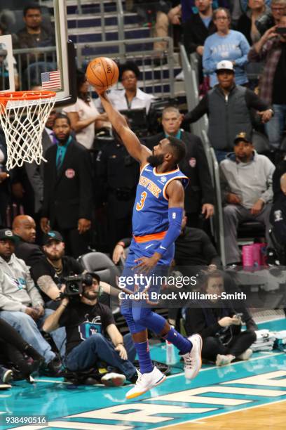 Tim Hardaway Jr. #3 of the New York Knicks dunks against the Charlotte Hornets on March 26, 2018 at Spectrum Center in Charlotte, North Carolina....