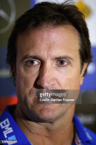 Luke Beveridge , Senior Coach of the Bulldogs speaks to the media before a Western Bulldogs AFL training session at Whitten Oval on March 27, 2018 in...