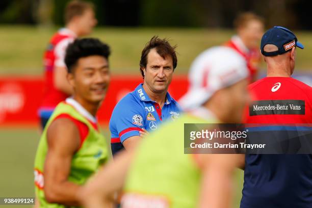 Luke Beveridge , Senior Coach looks on during a Western Bulldogs AFL training session at Whitten Oval on March 27, 2018 in Melbourne, Australia.