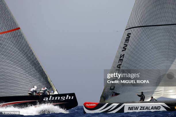 Swiss Alinghi lead Emirates Team New Zealand on the seventh day of racing in the 32nd America's Cup in Valencia, 03 July 2007. In a nail biting...