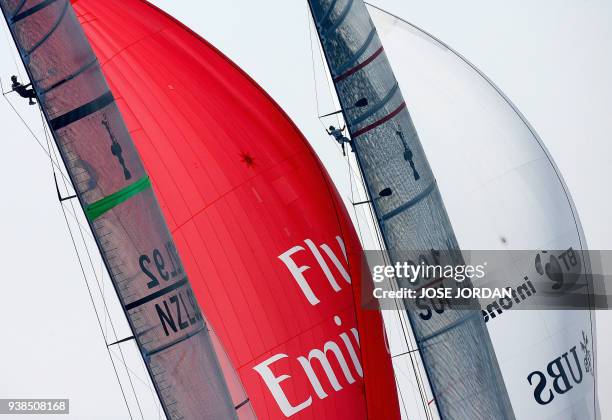 Swiss Alinghi leads Emirates Team New Zealand on the sixth day of racing in the 32nd America's Cup in Valencia, 30 June 2007. The 32nd America's Cup,...