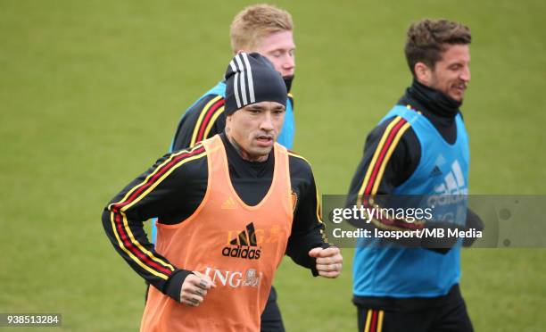 Tubize , Belgium. Radja NAINGGOLAN pictured during a training session of the Belgian national soccer team Red Devils, at the Belgian national...