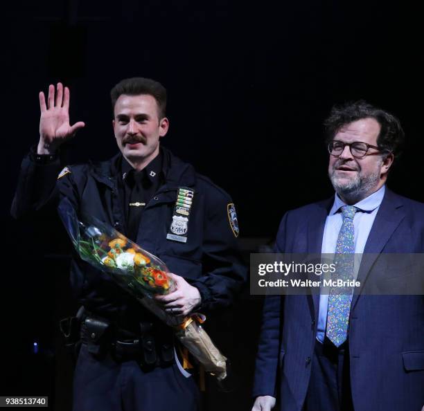 Chris Evans and Kenneth Lonergan during the the Broadway Opening Night Performance curtain call for 'Lobby Hero' at The Hayes Theatre on March 26,...